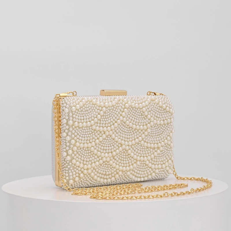 Women Cream Pearl Evening Clutch Bag Full Beaded Formal Wedding Prom Handbag Ladies Elegant Dinner Purse with Detachable Chain