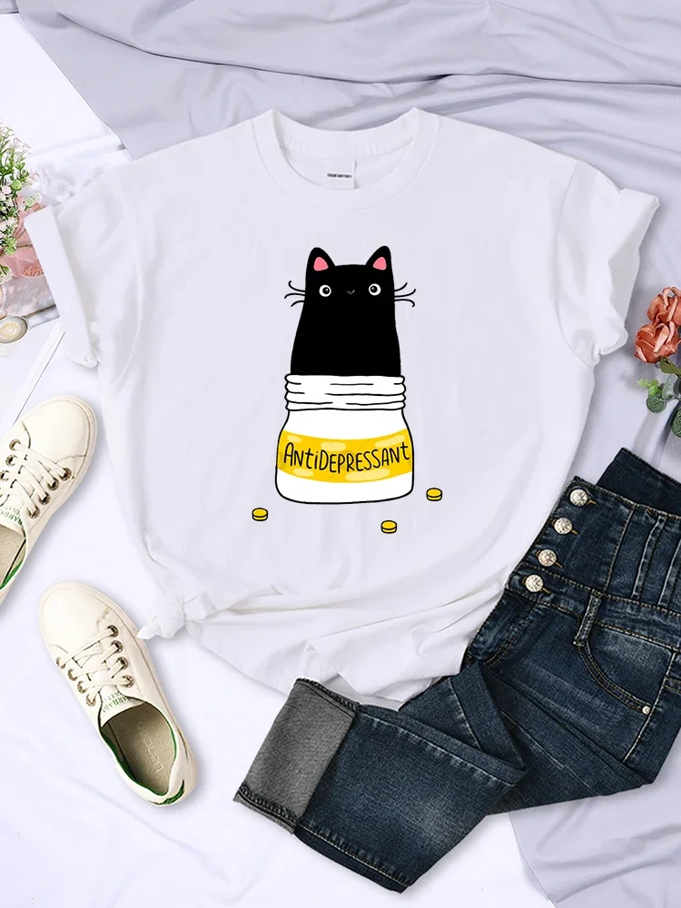 Fur Antidepressant Cat Printed T Shirts Women Sweat Tops Clothes Loose Casual Clothing Pattern Breathable Casual Clothes Tees