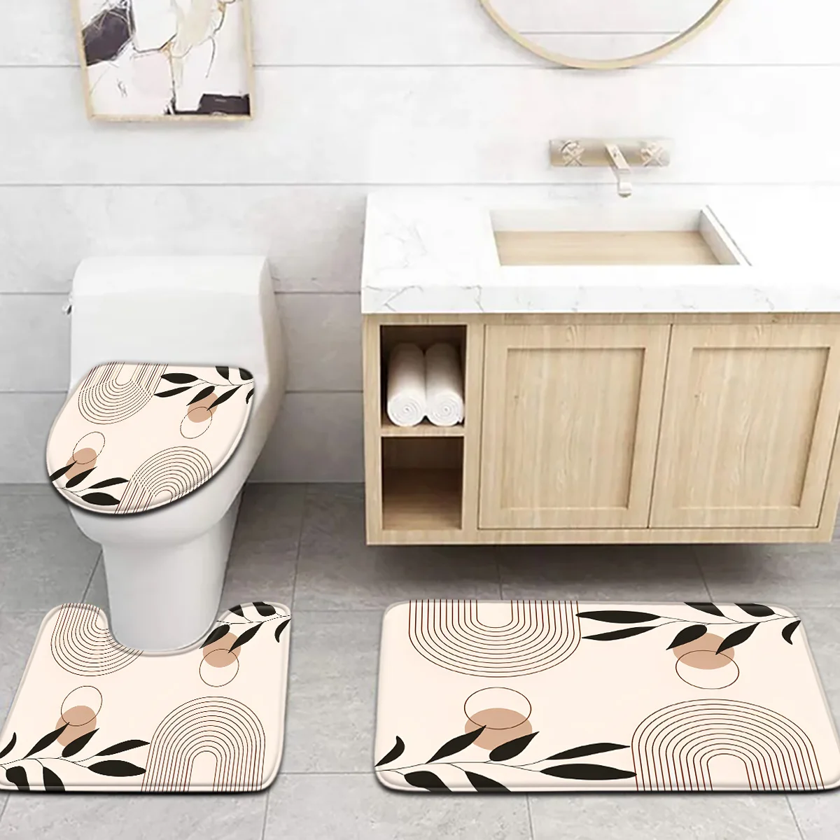 3-piece elegant bathroom floor mat set with floral and circular patterns, rectangular floor mats for toilet and bathtub bathroom