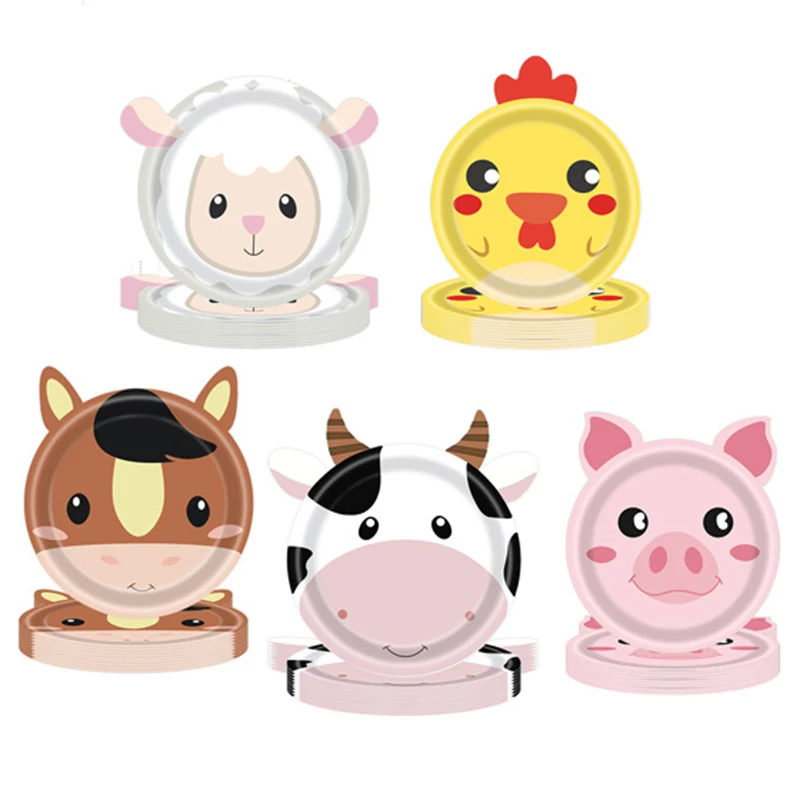 10Pcs 7inch Farm Animal Party Utensils Dining Plate Cow Sheep Pig Chicken Animal Farm Party Supplies