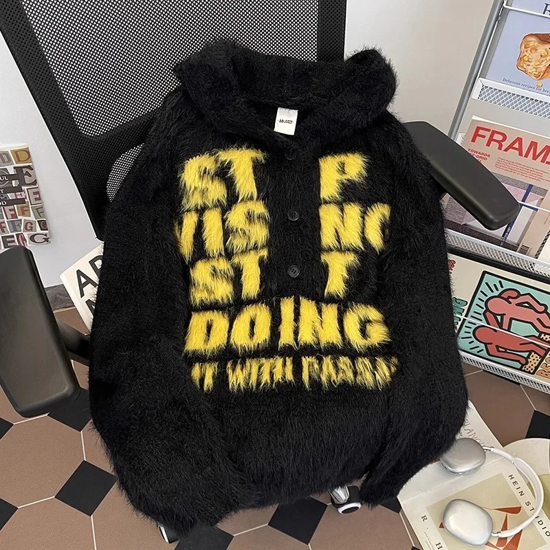 

American Sle Soft Mink Letter Print Hoodie Knitted Sweater Men's Autumn Winter Casual Loose Fit Long Sve Knitwear