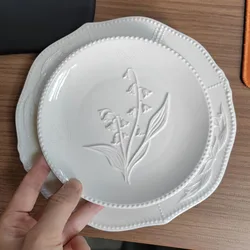 European Ceramic Plate Manual Floral Relief Decorative Breakfast Bread Plates Afternoon Tea Dessert Organizer Kitchen Tableware