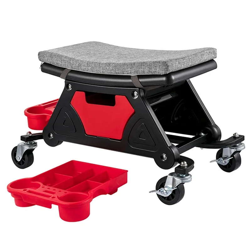 Garage Mechanic Brake Stool 3 Storage Trays With Seat Cushion Mobile Toolbox Suitable for Car Repair Wheel 300LBS Capacity