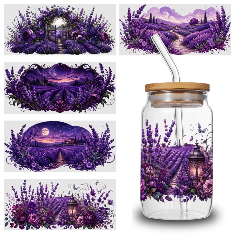 5 Sheets Lavender Field Landscape UV DTF Stickers Suitable for 16 oz Glass for 16 oz Tumbler Plastic Self-Adhesive Labels