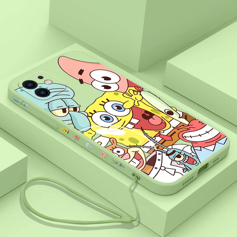 Cartoon SpongeBobs Best Friends Phone Case For iPhone 15 14 13 12 11 Pro Max Mini X XR XS SE 2020 8 7 Plus 6S Plus With Lanyard