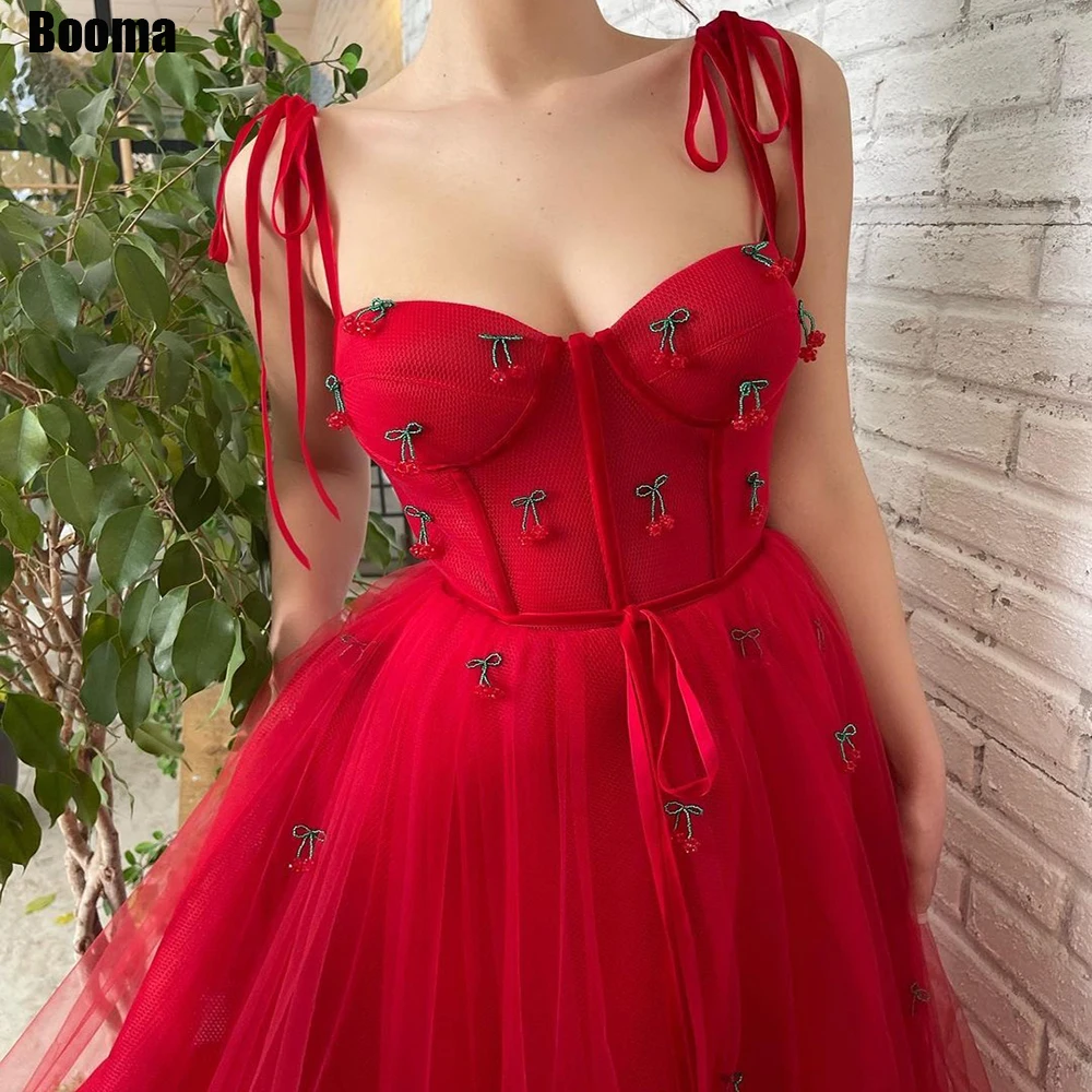 Booma Red Tulle Midi Prom Dresses Cherry Sweetheart Spaghetti Straps A-Line Prom Gowns Zipper Tea-Length Evening Party Dresses