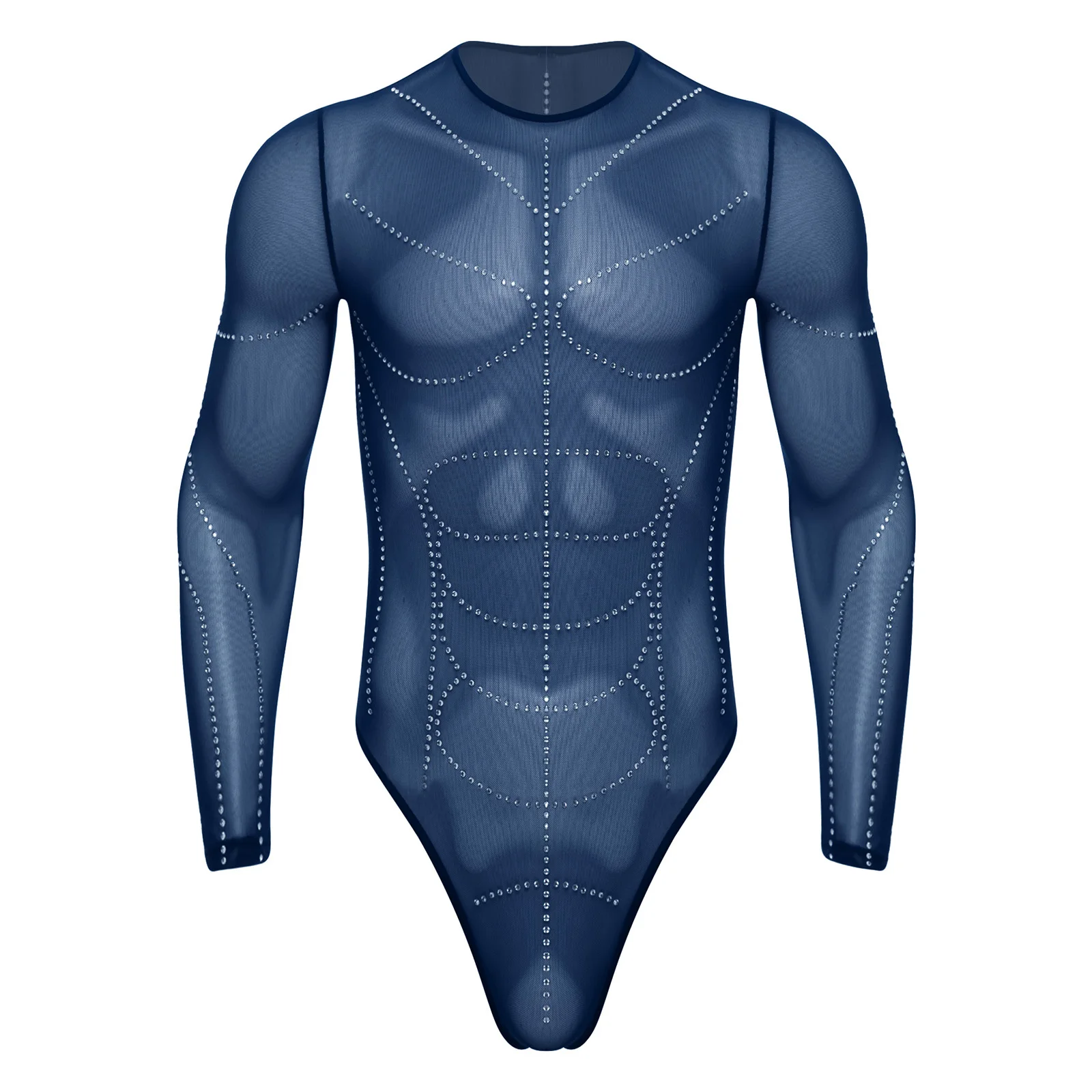 

Mens Swimwear Lingerie Sheer Mesh Bodysuit Swimsuit Long Sleeve T-back Thong Rhinestone Shaping Muscle Lines Leotard Jumpsuit