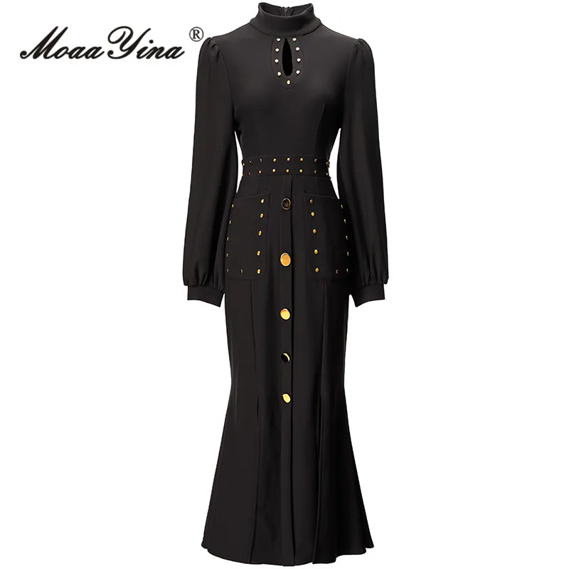 MoaaYina Autumn Fashion Designer Elegant Party Dress Women's Stand Collar Button High Waist Package Buttock Slit Slim Long Dress