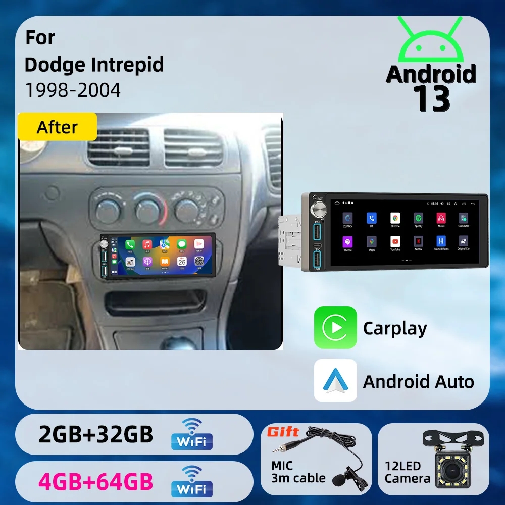 Radio de Coche 1 Din para Dodge Intrepid 1998-2004, Estéreo Inalámbrico Carplay, Unidad Principal Multimedia Android de 6.86 Pulgadas, Autoradio con GPS