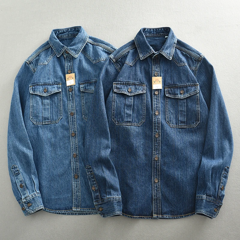 

16oz Heavyweight Retro Casual Wear Men's Shirt Coat Washed Denim Blouse Cargo Jeans Oversized Tops Wear-resistant Clothing Loose