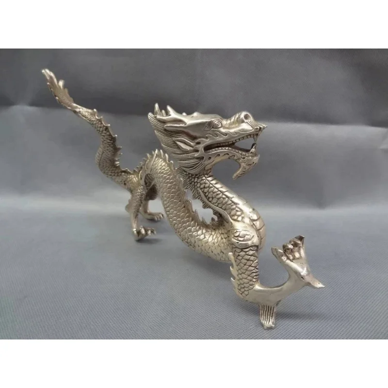 Chinese Silver Zodiac Myth Beast Figurine Wealth Fly Dragon Bronze Statue