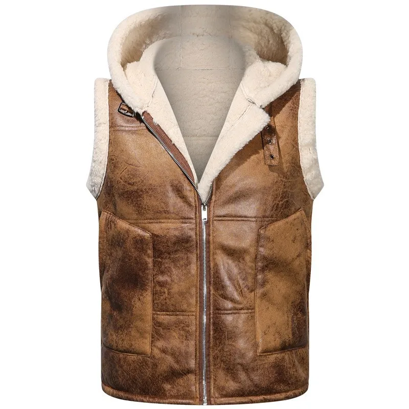 KIDWHXR 2026 Autumn Winter Men Fleece Vest Thicken Warm Male Hooded Waistcoat Retro Slim Sleeveless Pocket Man Casual Vest