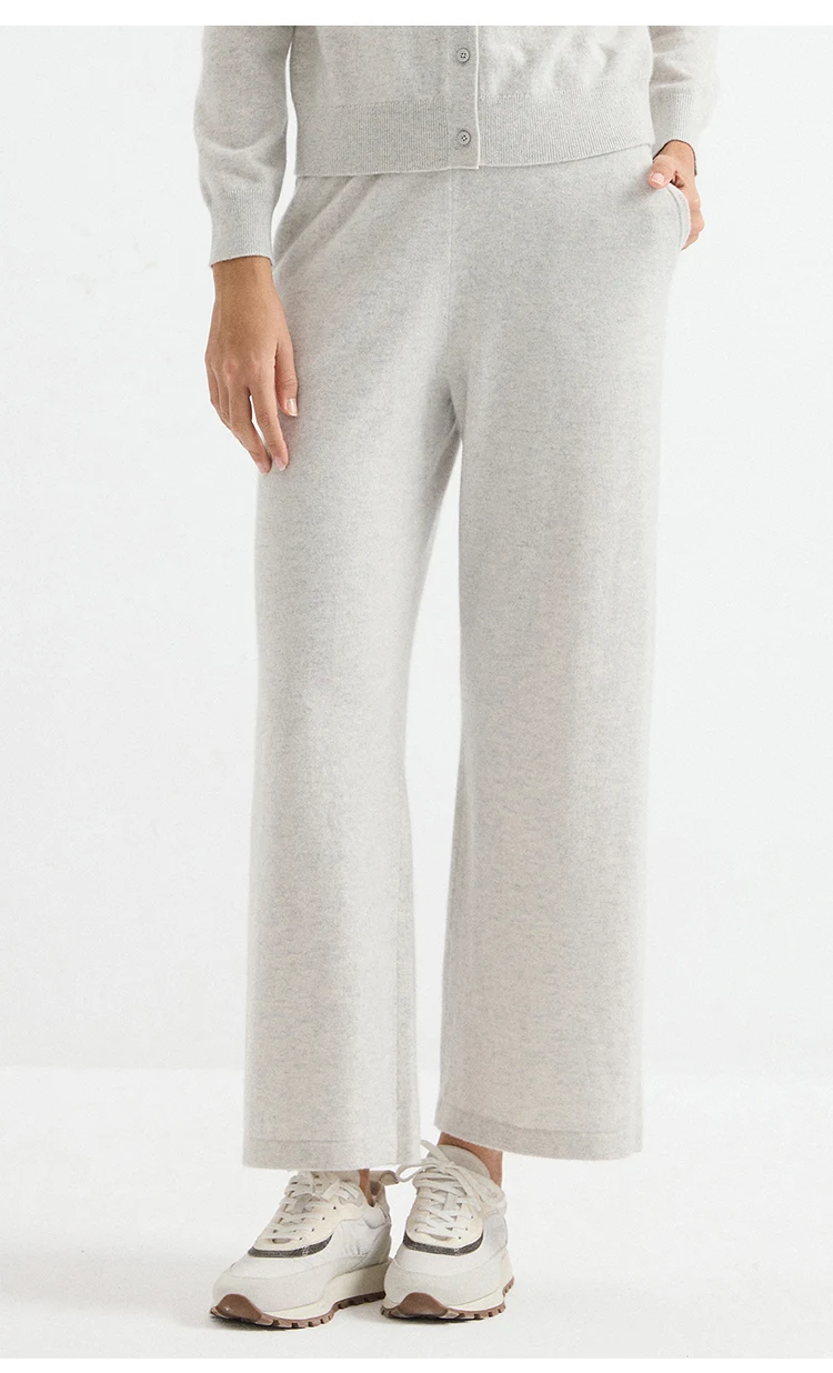 BD3621836 Damen 100% Kaschmir Strickhose mit Weitem Bein, Elastischem Bund, Gesäßtasche, Kettenabzeichen, Weiche Entspannte Passform für den Frühherbst – Detail 3