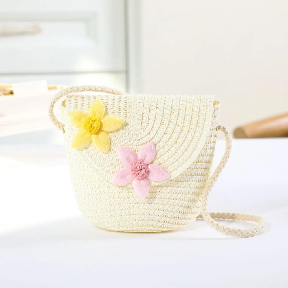 Bolso de playa de paja para niños, bolso de hombro informal con patrón de corazón, monedero lindo para bebé, moda para niños