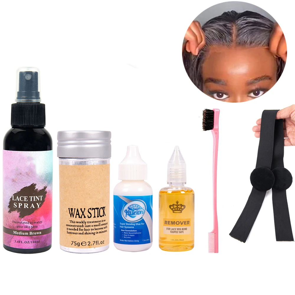 

Wig Accessory Kit Waterproof Lace Front Wig Glue & Remover, Elastic Band With Ear Protector, Hair Wax Stick, Edge Brush 8Pcs/Set