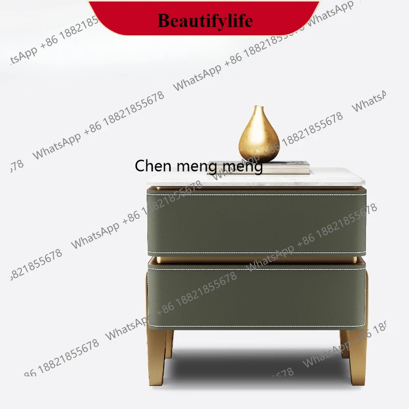 

G153 Natural luxury stone bedside table New villa Italian saddle leather marble high-end bedside table