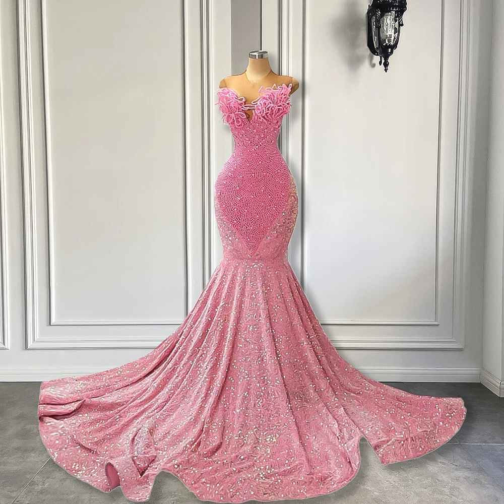 

Real Sample Long Prom Dresses 2026 Mermaid Style Luxury Pearls Sparkly Pink Sequin Black Girls Prom Party Gowns