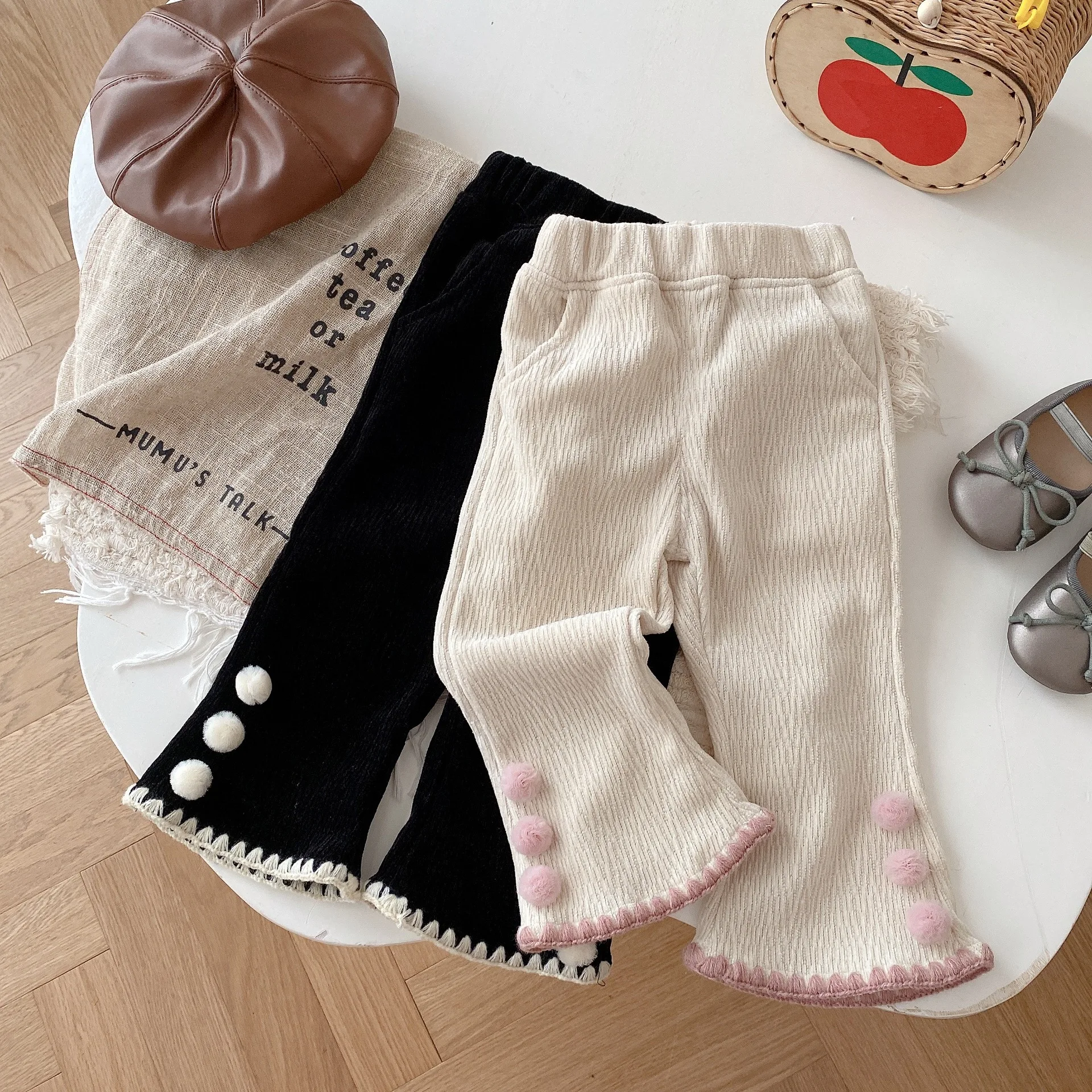 Girls' Thickened Bell Bottom Pants 2025 New Autumn Baby Chenille Solid Color Casual Pants Children's Korean Version Pants