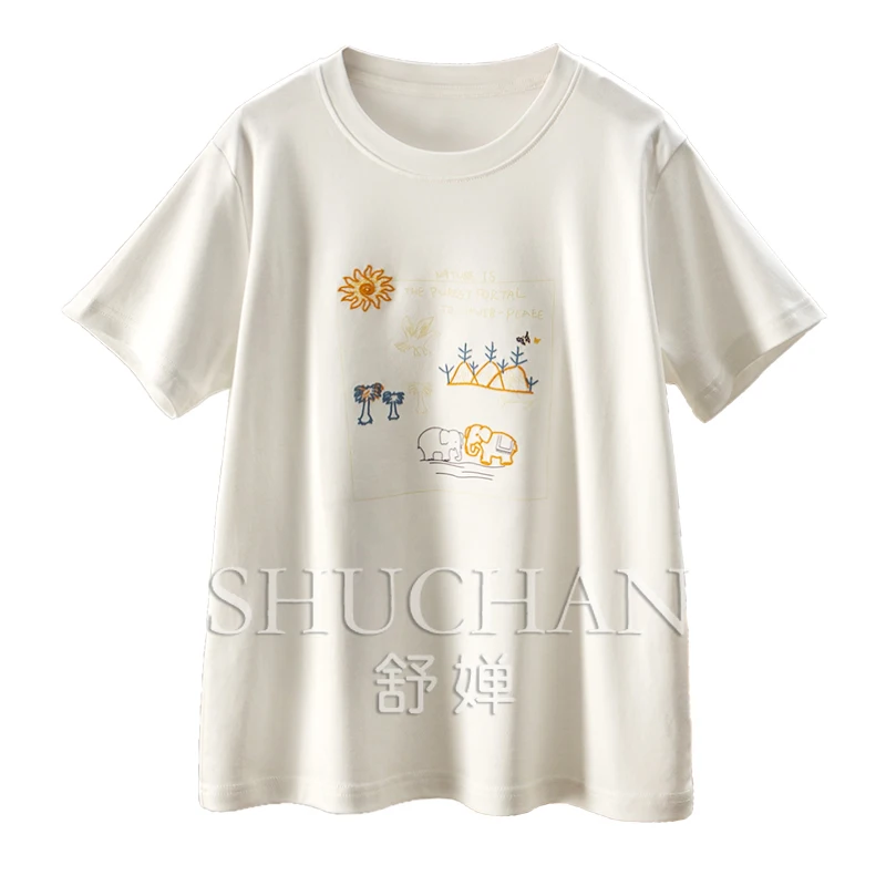 

Милый маленький слоник, французская модная возрастная вышивка, белая футболка с круглым вырезом и короткими рукавами, новая женская футболка