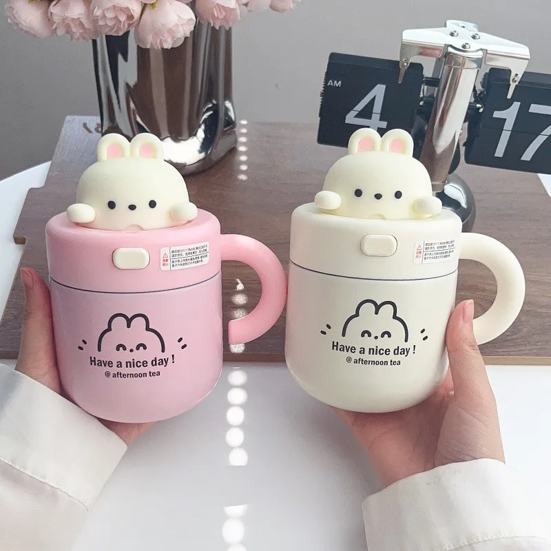 1pc 530ml Cute Thermal Mug Insulated Coffee Tumbler For Hot Cold Drink Large Capacity Thermos Stainless Steel Cup With Straw Lid