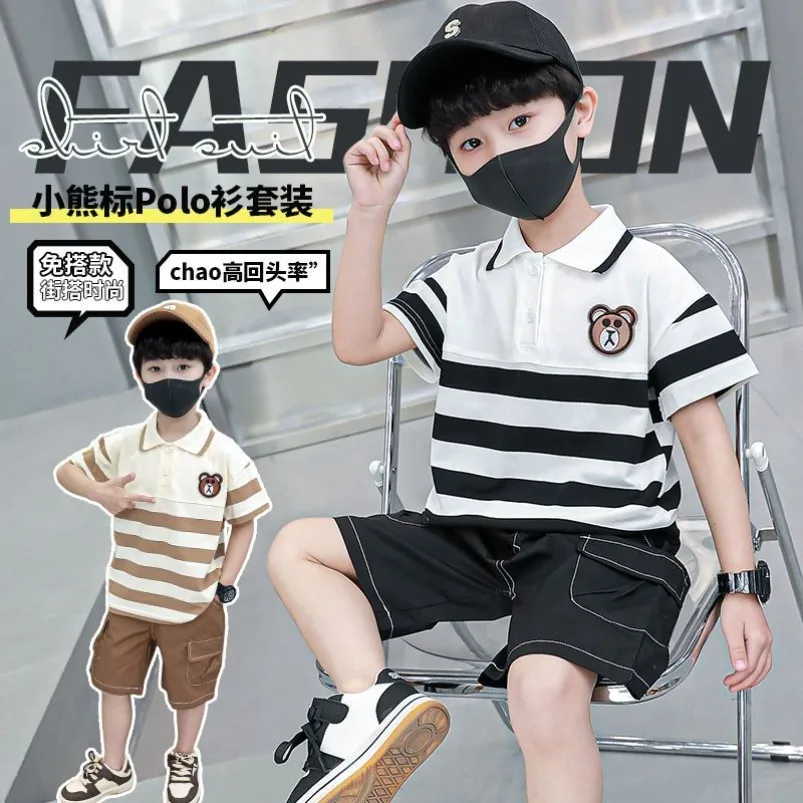 

New Children's Short Sleeved T-shirt + Black Gray Denim Five Quarter Pants Shorts 2pcs Set Boys Handsome Kids Clothing
