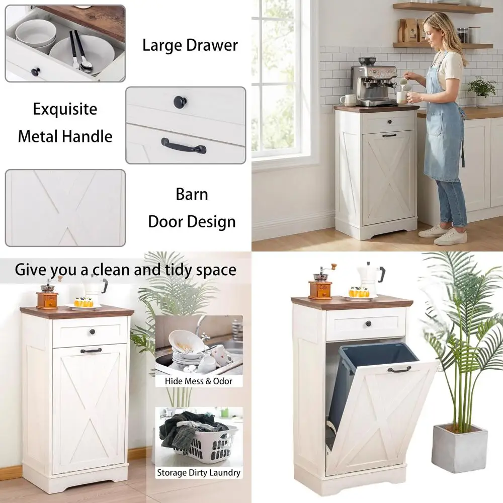 

Vintage White Wooden Trash Cabinet with Door, Kitchen and Living Room Garbage Recycling Storage
