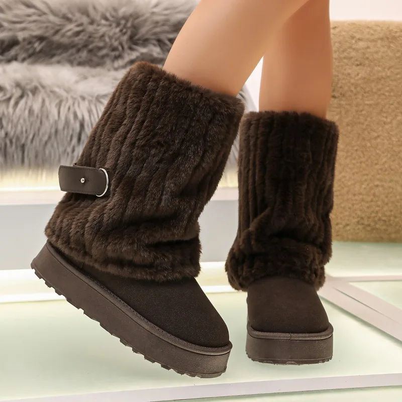 Winter Fashion Knitted Ribbed Cuff Thick Soled Women's Snow Boots 2026 New Fleece Lined Round Toe Comfort Warm Casual Women Shoe view 4