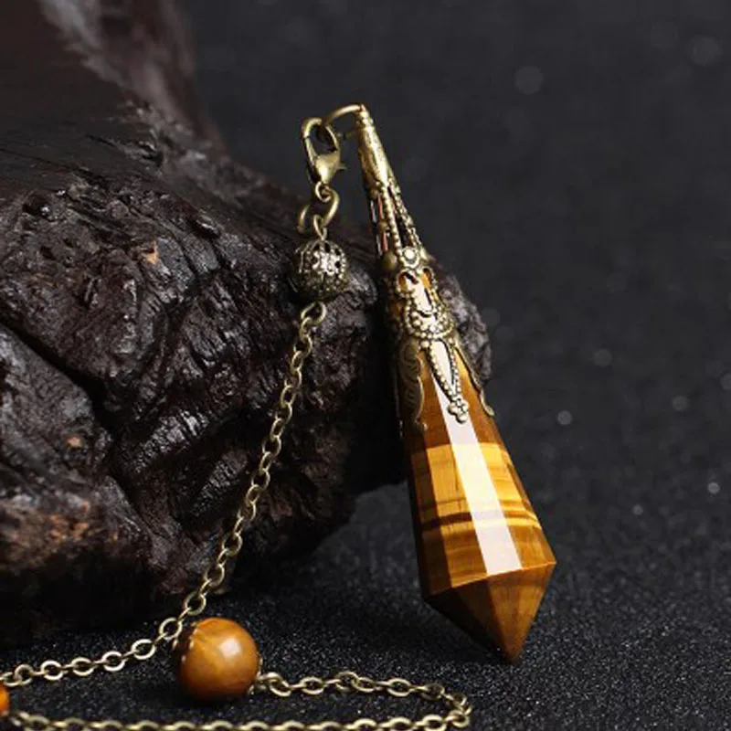 Gemstone Pendulum Natural Tiger Eye Quartz Crystal Spiritual Healing Mineral Stone  Pendulum with Beads Charm Tool for Dowsing