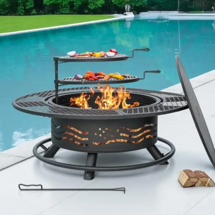 47 Inch Fire Pit for outdoor use, stainless steel, black, includes 2 cooking grates and table lid
