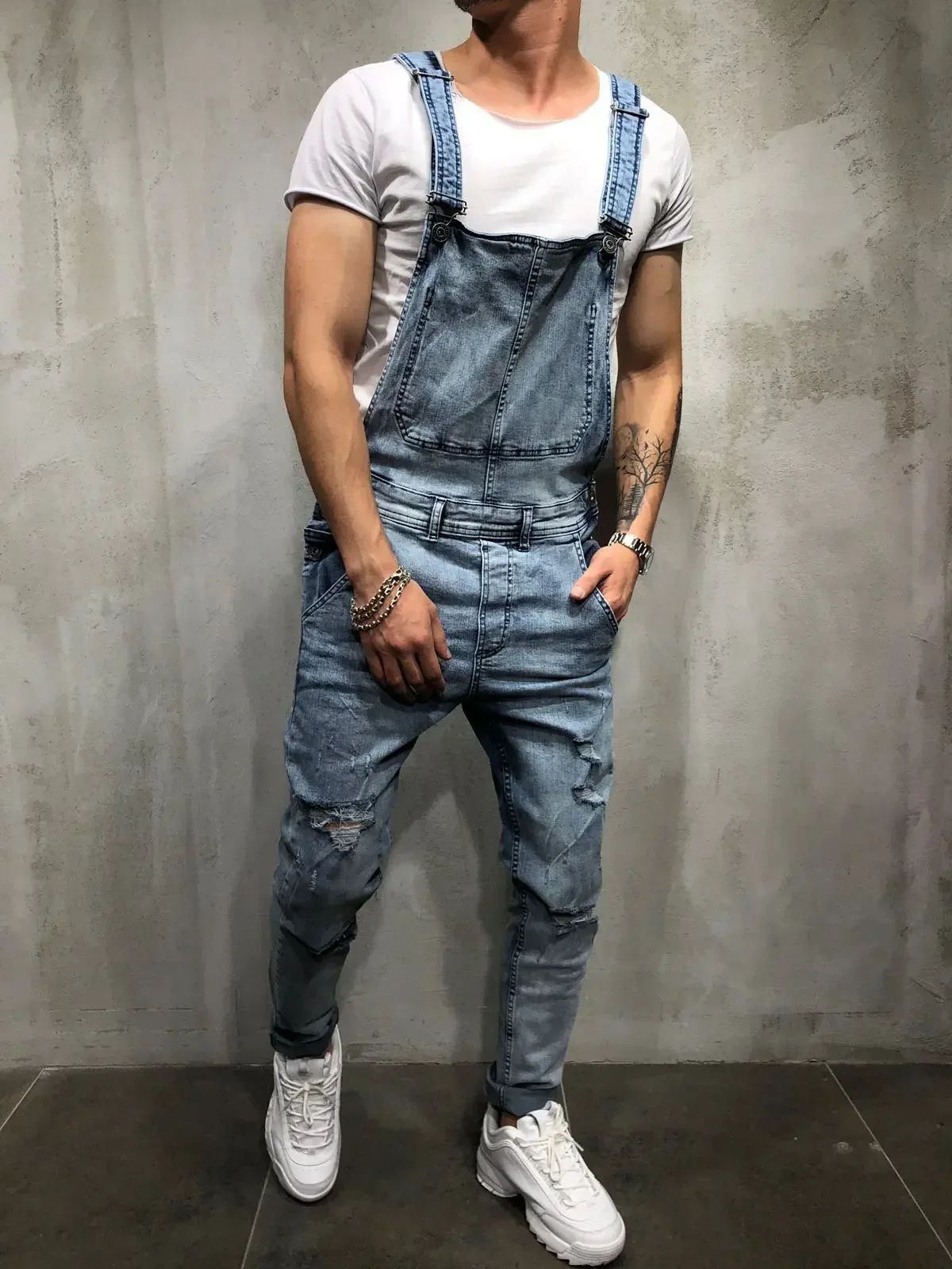 

Four Seasons Men Casual Trendy Washed Skinny Light Blue Black Jean Overalls Pants Daily Slim High Street Denim Pants Streetwear