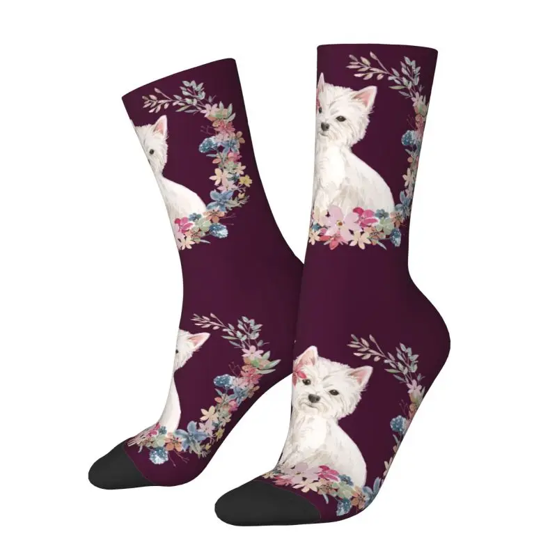 West Highland White Terrier With Flowers Mens Crew Socks Unisex Novelty 3D Printing Westie Dog Dress Socks