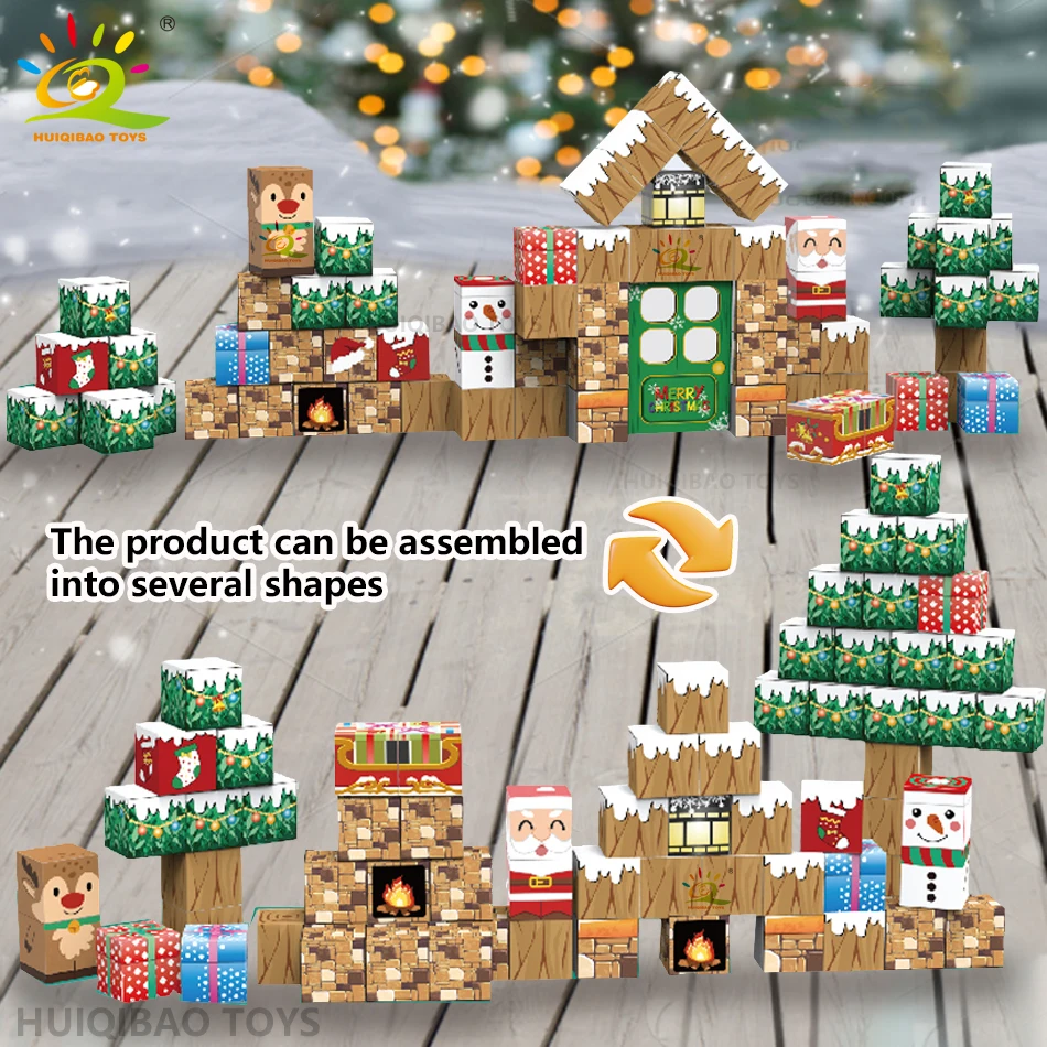 HUIQIBAO Christmas Magnetic Building Blocks DIY Santa Claus Mine World Set Magnet Building Cubes Toy for Children Adult Gift