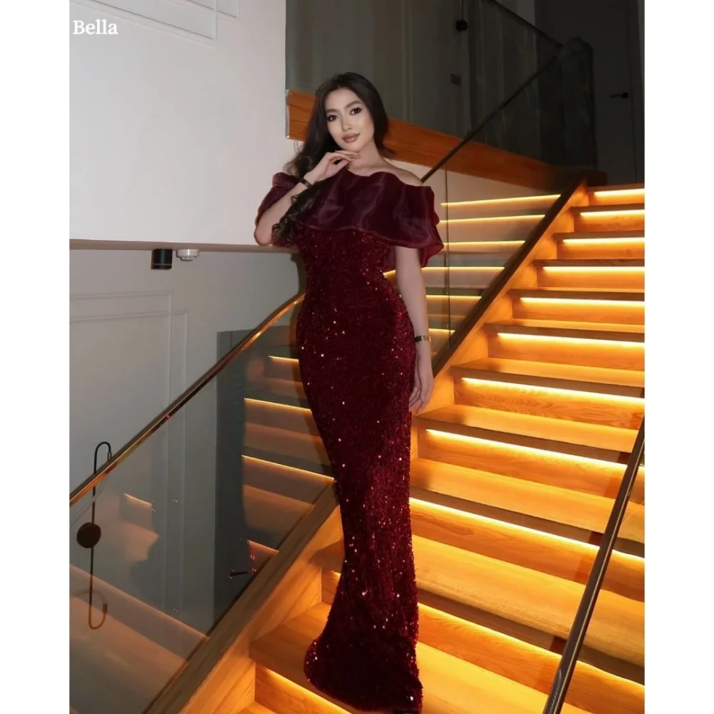 

Bella Customized Red One Shoulder Shawl robes de soirée Sequins Mermaid Party Dresses Floor-Length Backless Prom Dress 2025