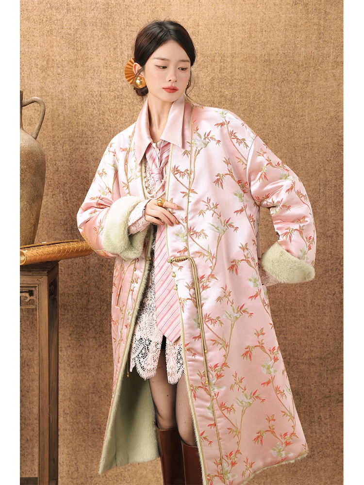 

Double-Sided Wear Silk Fur Jaet Environmental Protection Two-Sided Coat Youth Floral Pattern Chinese Sle Long Sve Coat