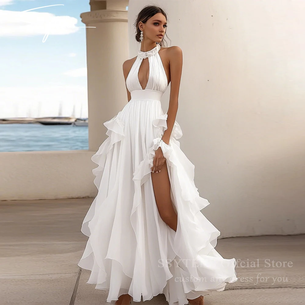 SSYTENS Customized White Halter Neck A-Line Wedding Dresses Tiered Ruffles Vestidos De Noche Floor-Length Robe De Mariée 2027