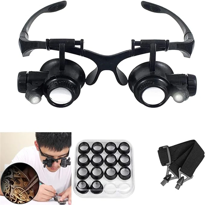 LED Light Magnifying Glasses Tattoo Jeweler Loupe Watch Repair Magnifier 8 Interchangeable Lens 8X/15X/23X Eyelash Extension