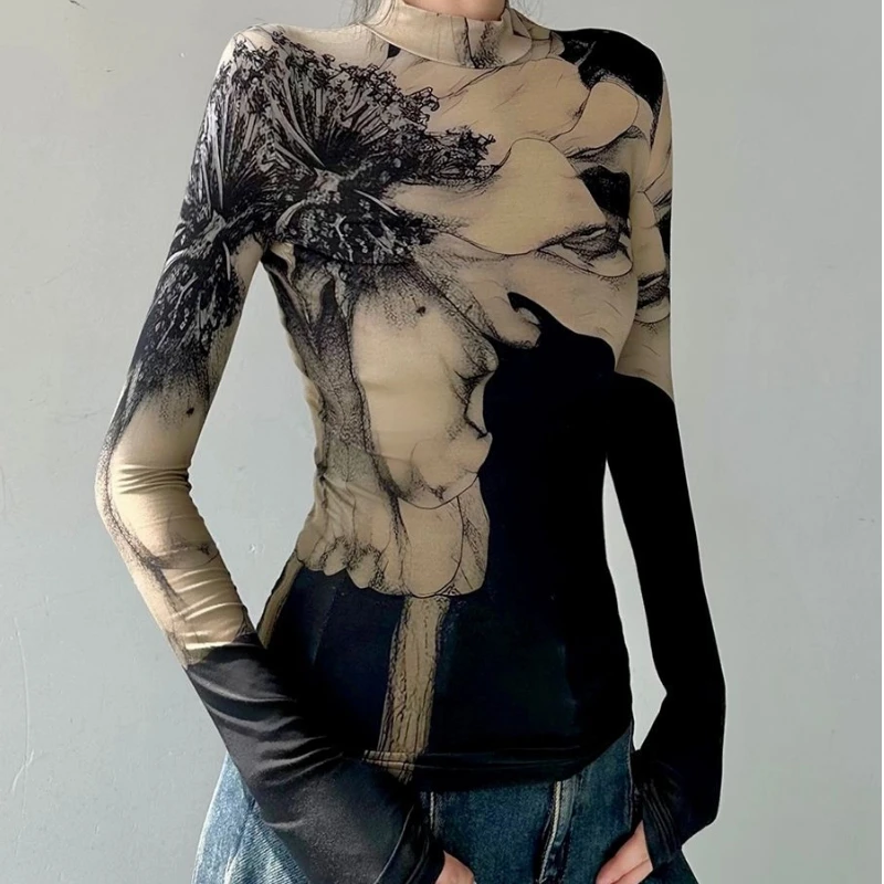 

Vintage Print Slim Bottoming Shirt Spring Autumn All-match Long Sleeve Elegant T Shirt Tops Fashion Temperament Women Clothing