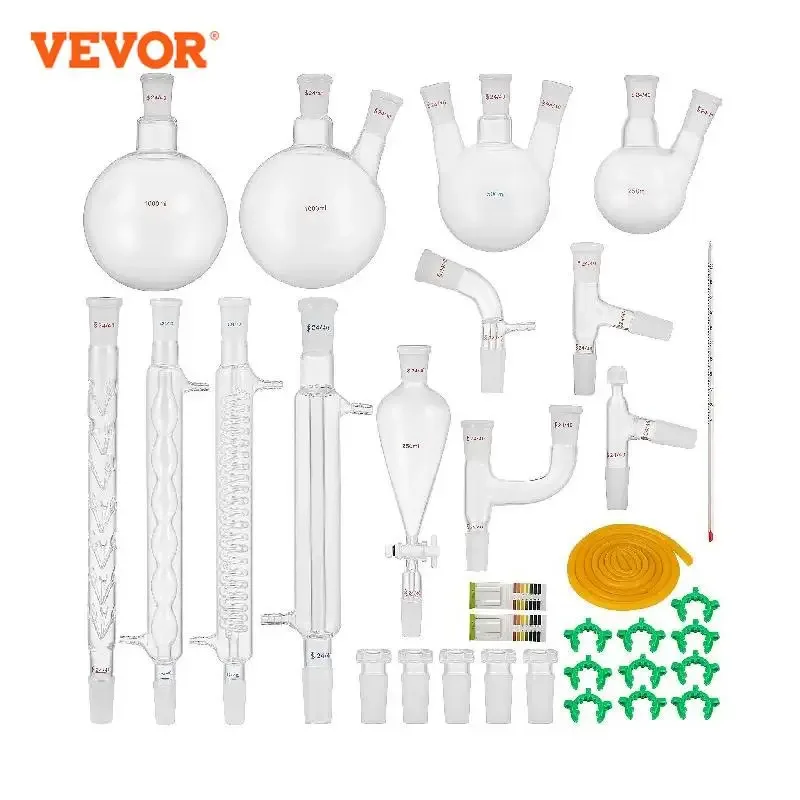 VEVOR 13/29/32 PCS Laboratory Glassware Chemistry Kit Distiller 24/40 Joints Flask Mortar and Pestle School Supplies Equipment