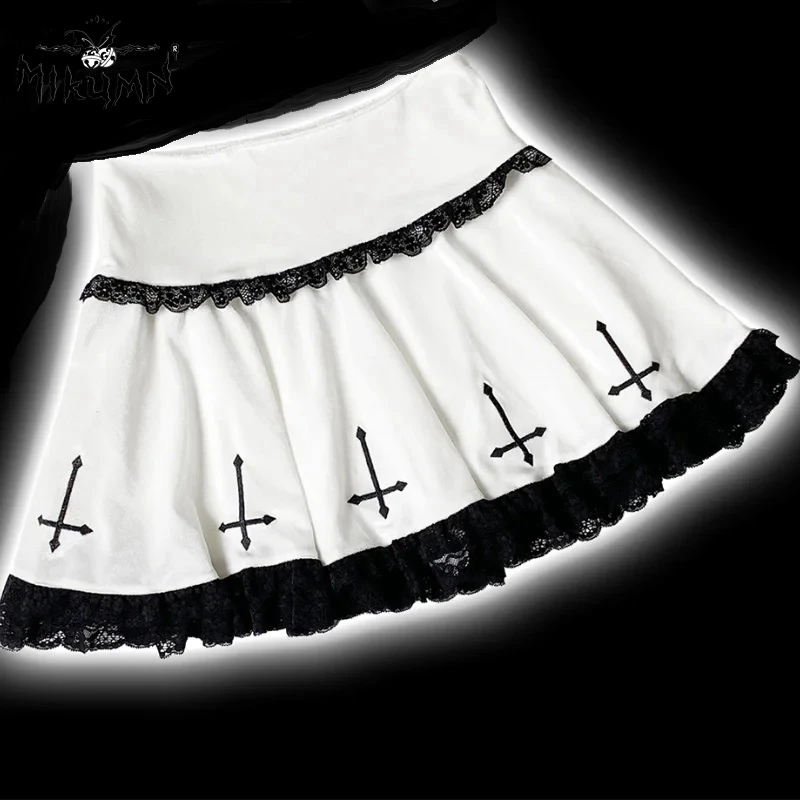 Mikumn Harajuku Gothic Lolita Style Mini Skirt Y2k Punk Women Black White Lace Cross Embroidery High Waist Pleated Skirt Saias