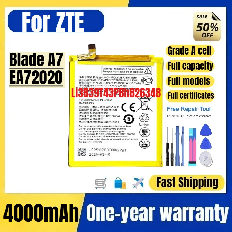 

Li3839T43P8h826348 for ZTE Blade A7/EA72020 Phone Battery High Quality High Capacity Replacement Bateria Grade A Cell with Tools
