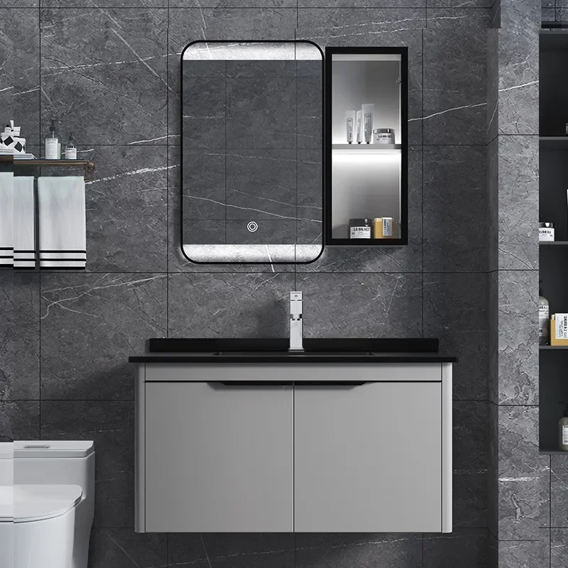 Modern Simple Space Aluminum Bathroom Cabinet Set with Alloy Wash Basin Side Storage Smart Vanity Unit for Contemporary Home