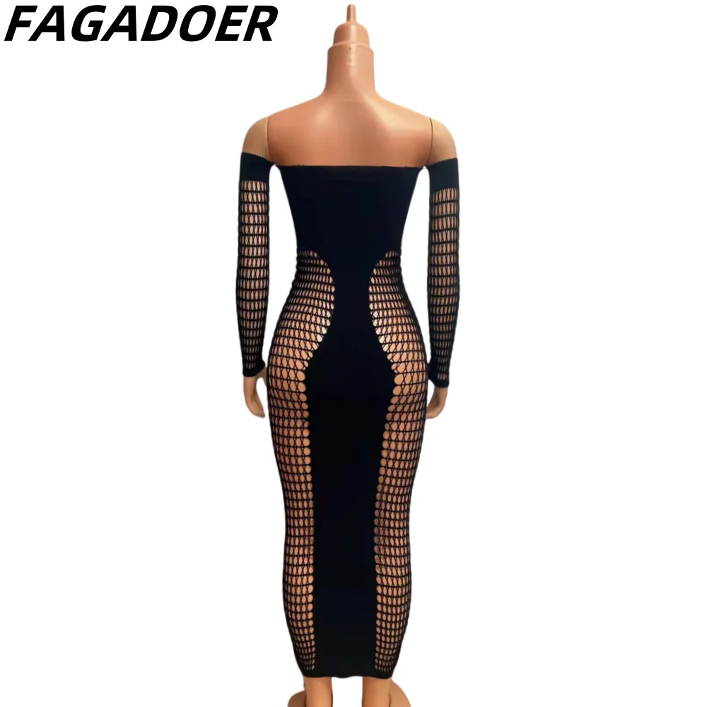 FAGADOER Sexy Hollow Out Thick Lace Bodycon Off Shoulder Mid Dresses Women Backless Long Sleeve Slim Vestidos Fashion Clothing