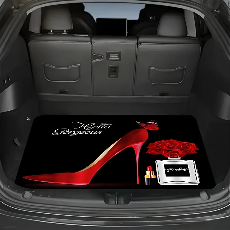 1pc 2D Flat Light Luxury Red Makeup High Heel Rose Car Trunk Mat - Suitable For Sedans And Suvs, Durable, Easy To Clean, Keeps C