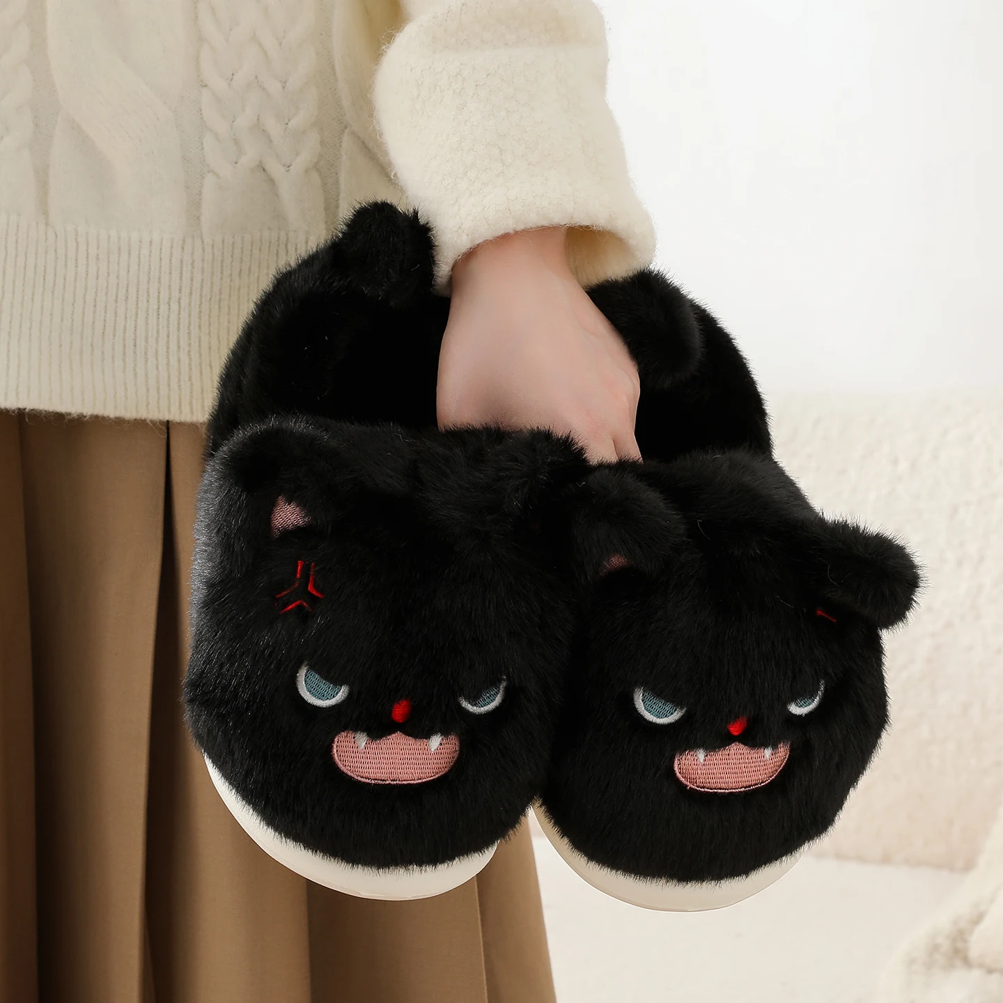 Chaussons en peluche unisexe ZUOFU en forme de chat noir, chaussures d'intérieur en coton chaud avec semelle antidérapante en EVA pour l'automne et l'hiver 1
