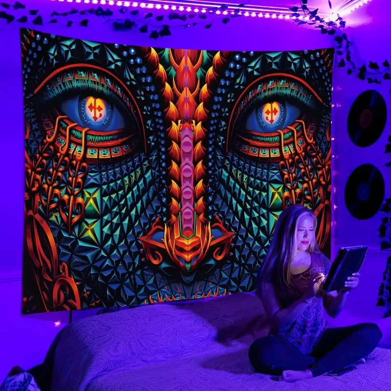 Black light hippie DJ Tapestry UV reactive Psychedelic ukiyo-e whale wall hanging bedroom dorm for indie room decor