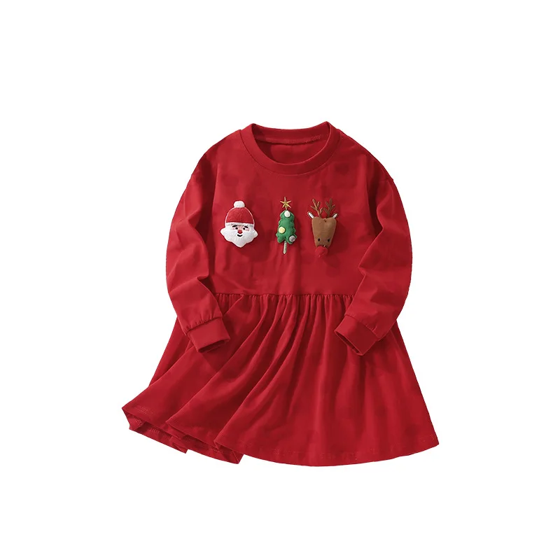 Cotton Girls' Long Sleeved Dress Christmas Cartoon Embroidery Reindeer Autumn and Winter Outdoor Party Plush Dress Kids Clothes