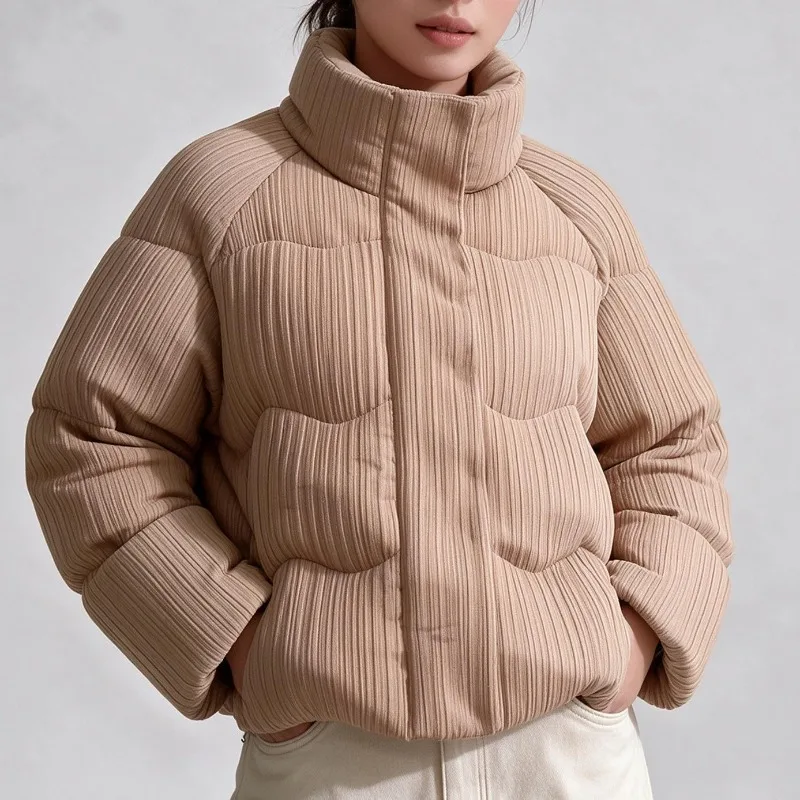 Winter New Pleated Thickened Cold-Proof Cotton Jacket Women Simple Fashion Solid Color Commuter Short Silky Cotton Button Coat