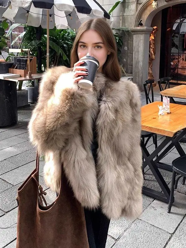 

Warm Furry Stand Collar Jaet Cross-Border Bestseller Briti Sle Polyester Women's Coat Thiened Long Sve ort Length