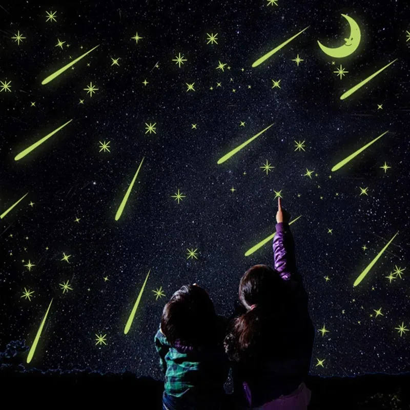 Glow in the Dark Stars Moon Wall Stickers, Luminous Meteor DIY Self Adhesive Decals, Bedroom Kids Room Ceiling Decor