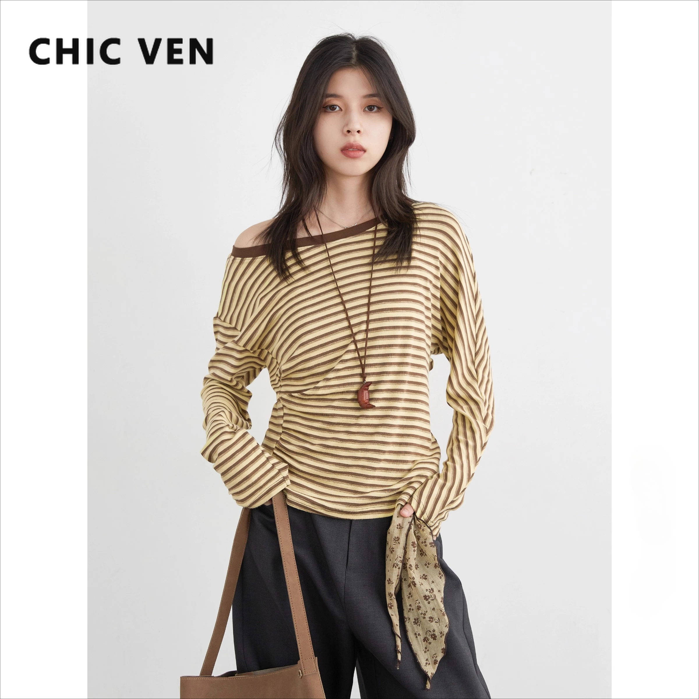 

Женские футболки CHIC VEN, свободный повседневный пуловер, новые женские футболки с круглым вырезом в контрастную полоску и длинными рукавами, весна-осень 2025